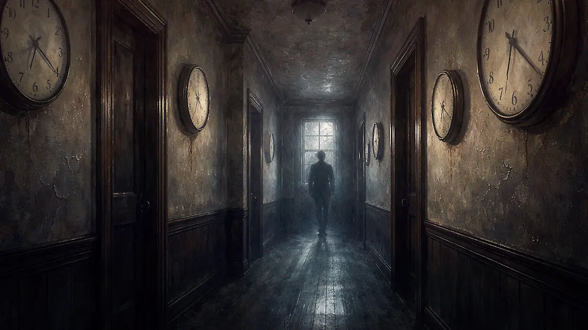 幽玄な廊下の時計と幽霊