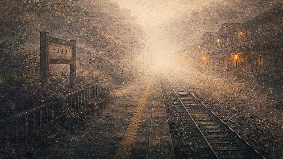 霧の中の古びた駅