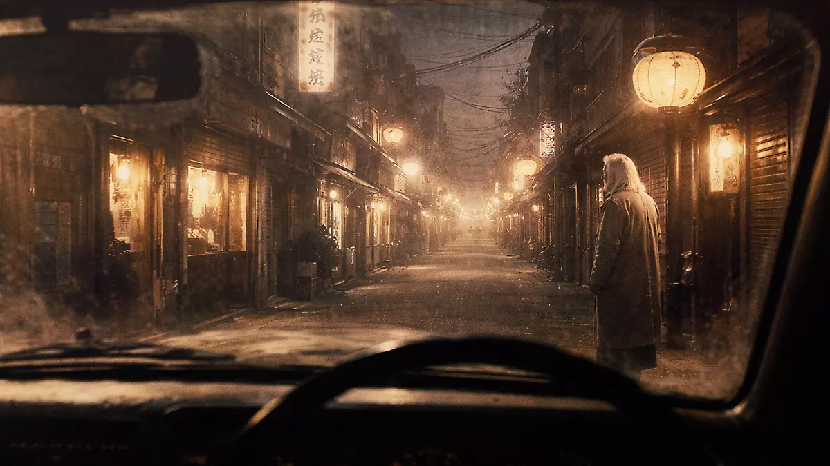 夜の商店街と老紳士