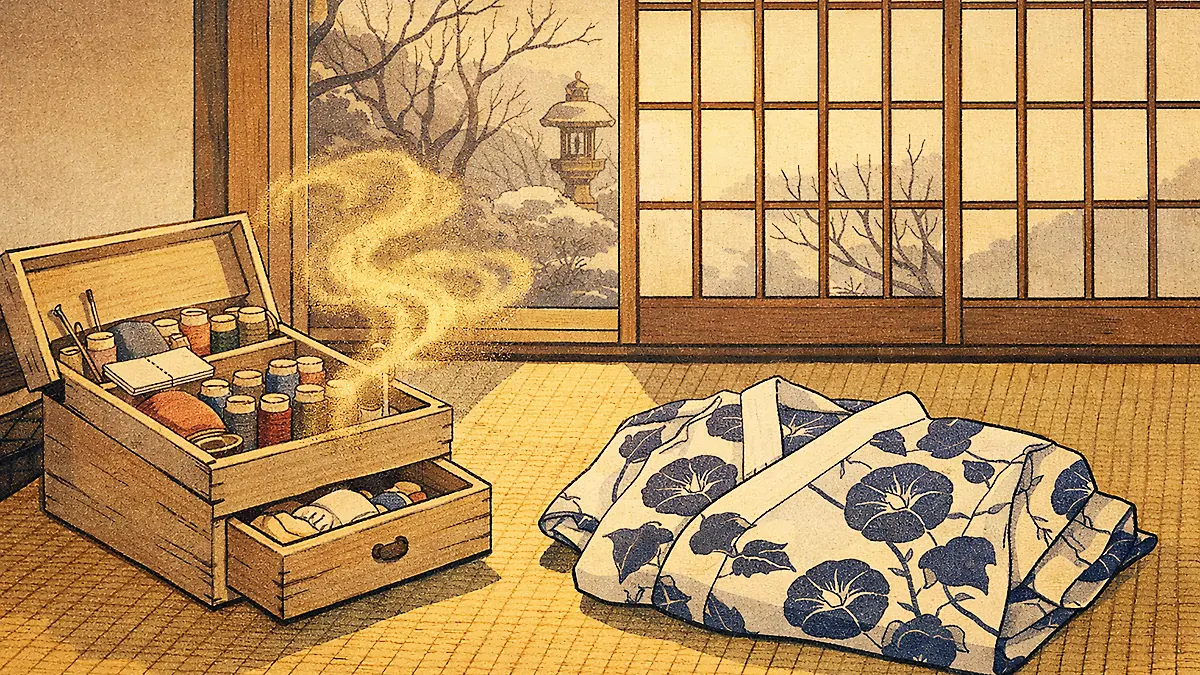 和室の縫い物と冬の庭