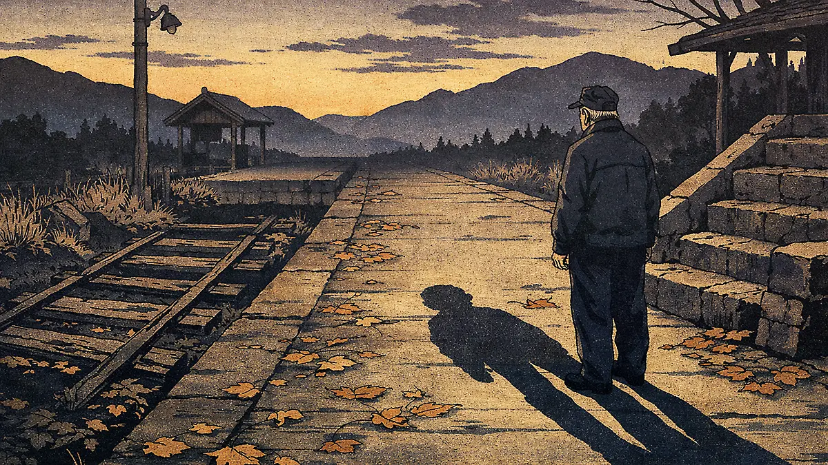 夕暮れの廃駅と老人