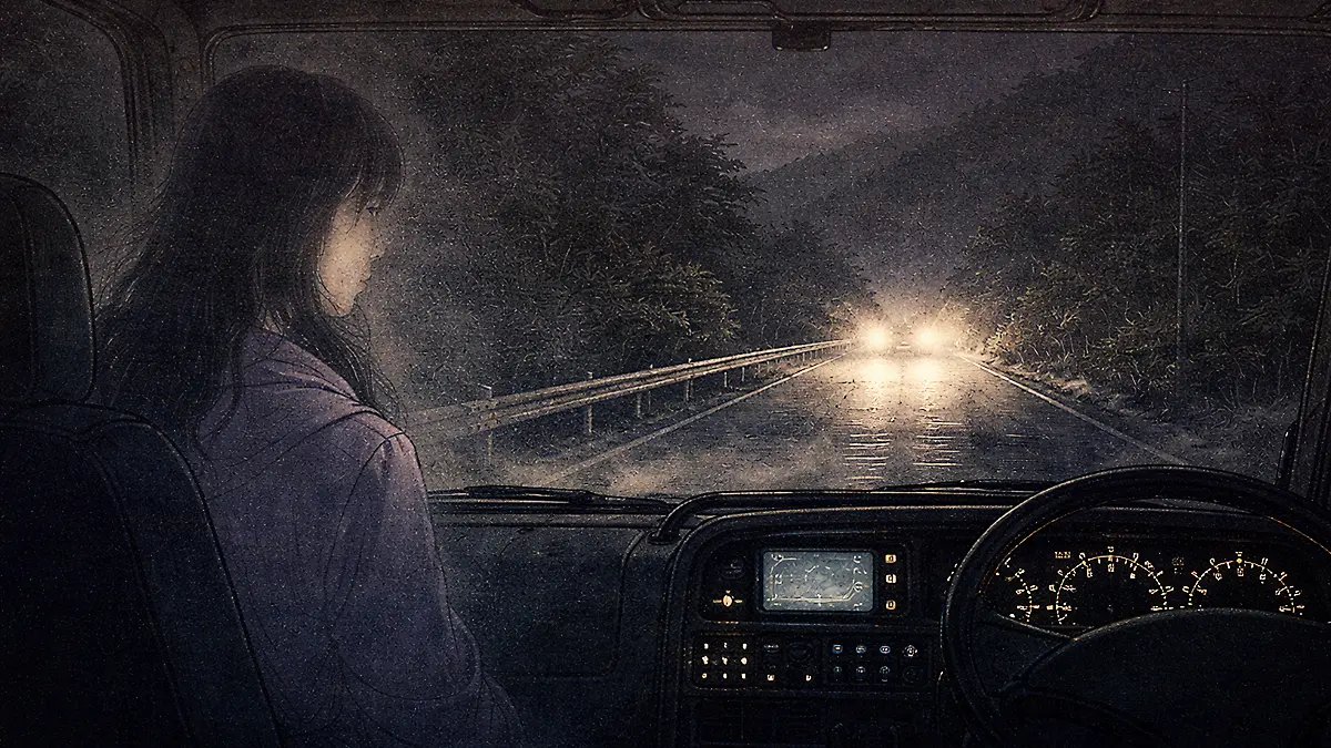 夜の山道と幽霊の女性