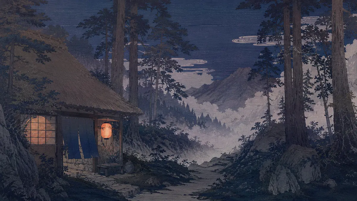 夜の山間の茶屋と道