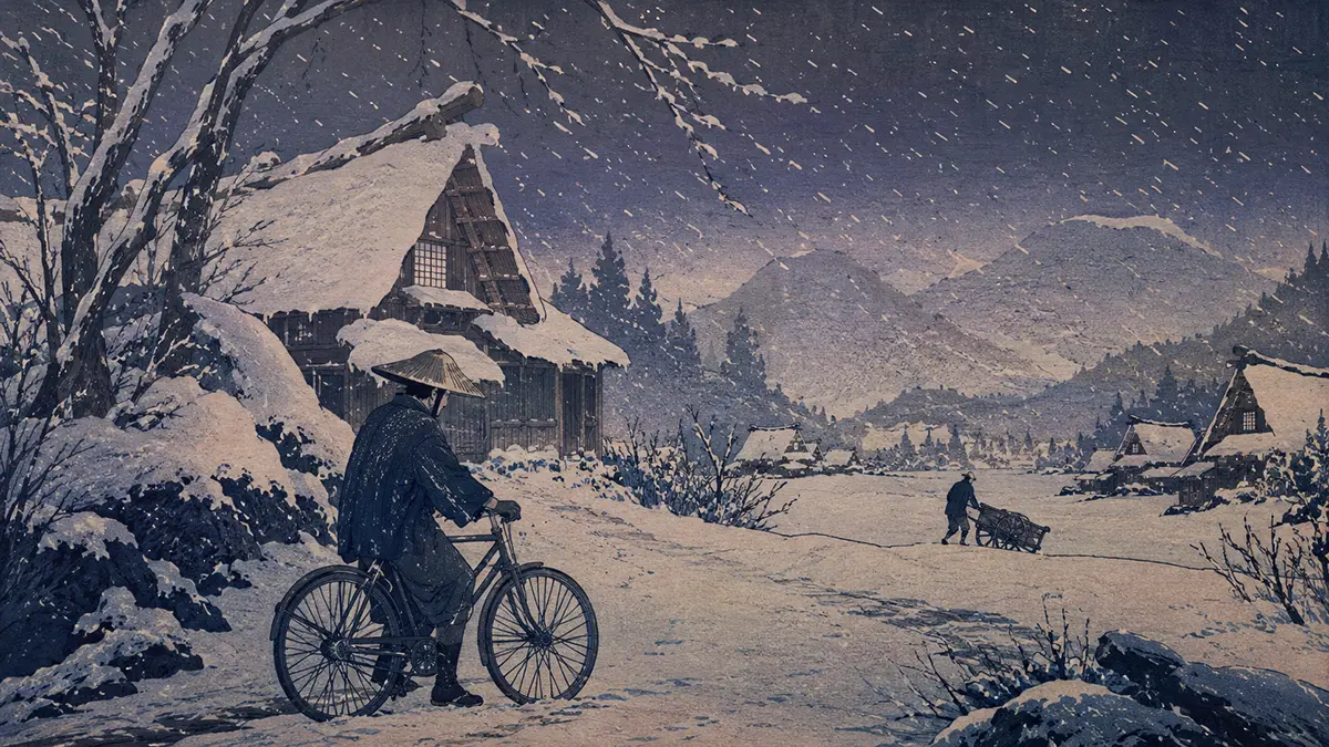雪中の村と静かな夜