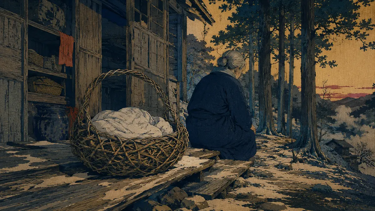 夕暮れの雪道と一人の老人