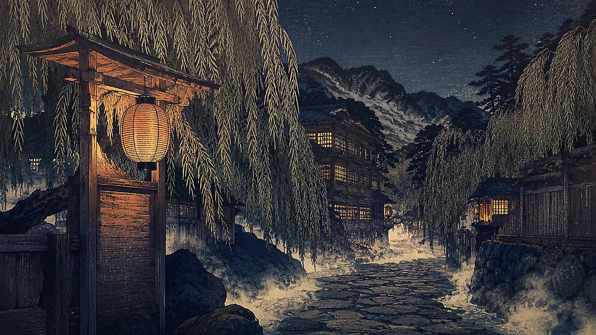 夜の山村の灯篭道