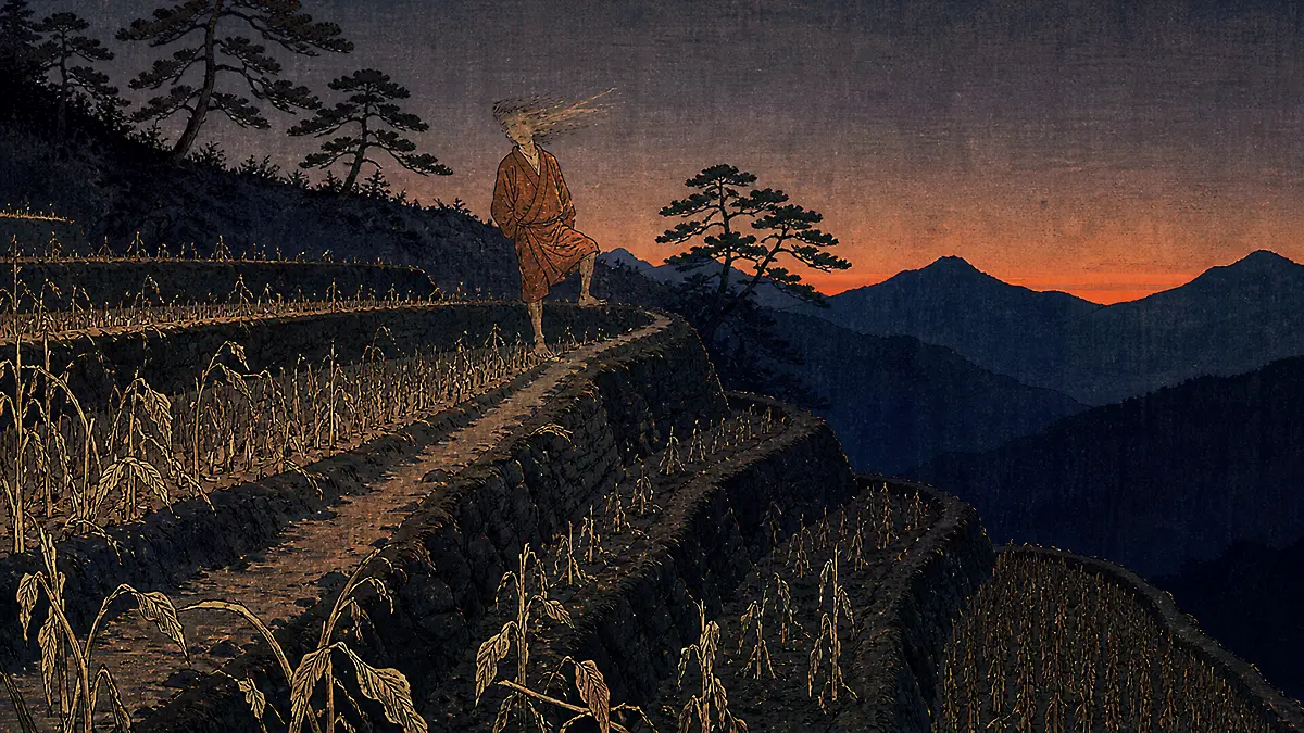 夕暮れの棚田と亡霊