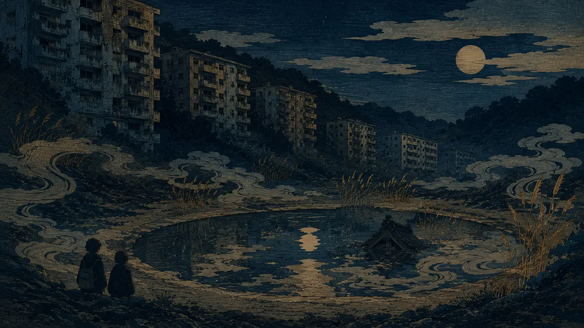 静かな夜の池とアパート群