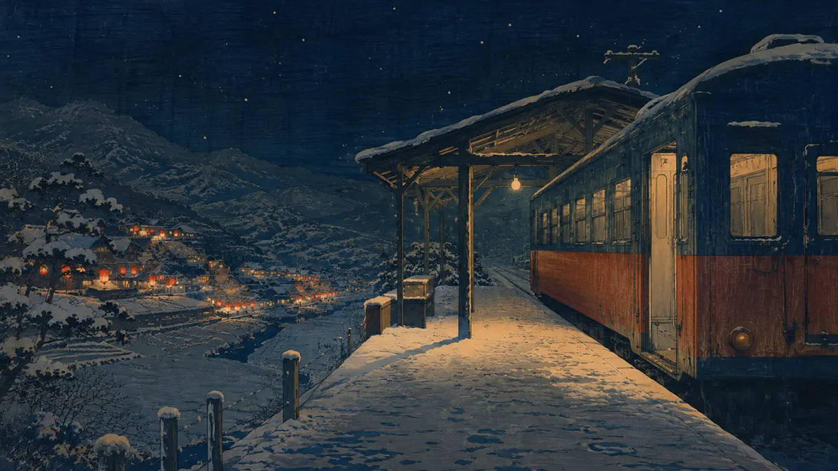 雪降る夜の駅と村