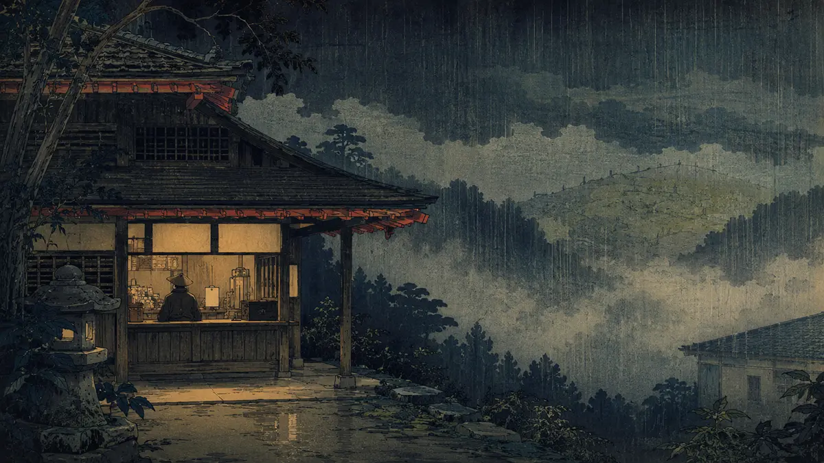 雨の中の山間の小屋