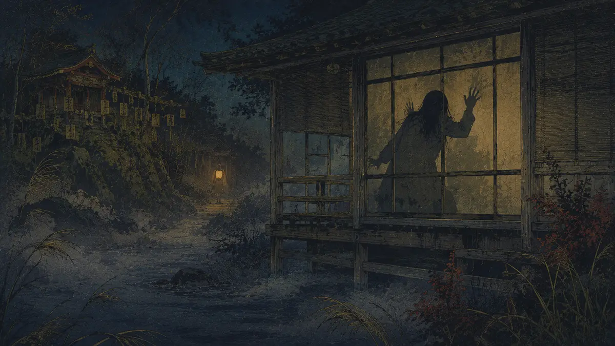 霧中の古い村と灯り