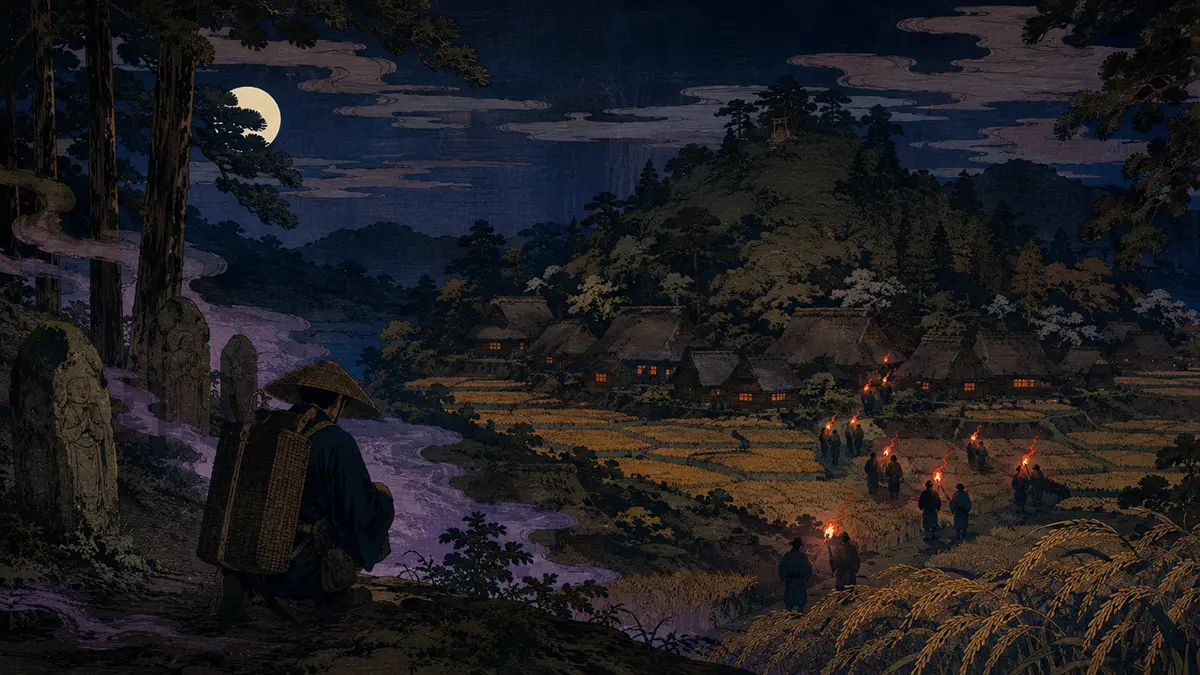 夜の山里の行列