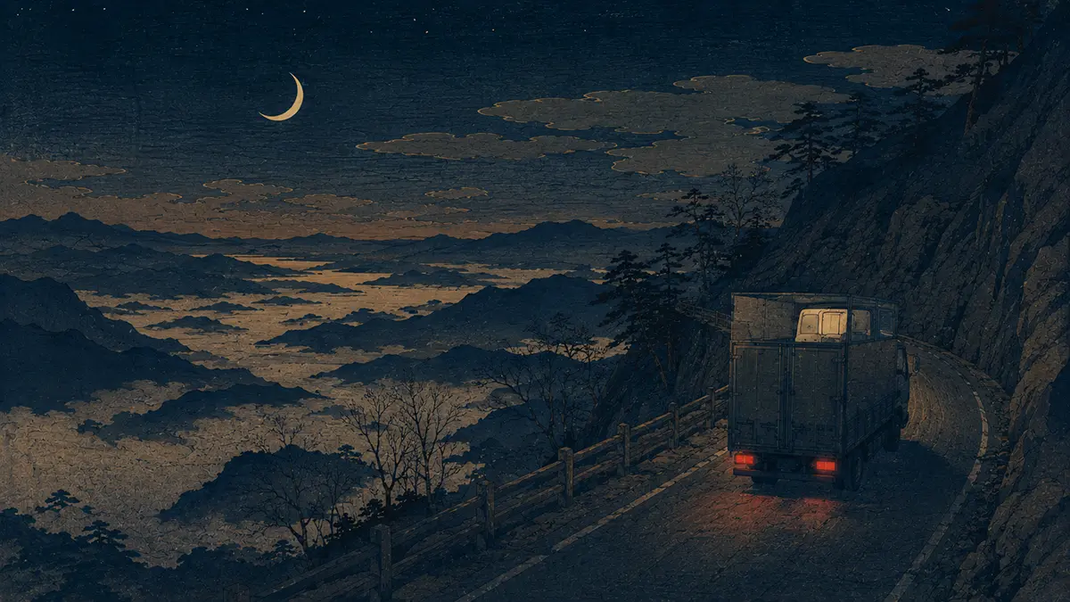 月夜の山道を走るトラック
