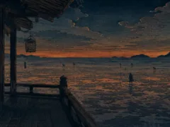 干潟を渡る人影