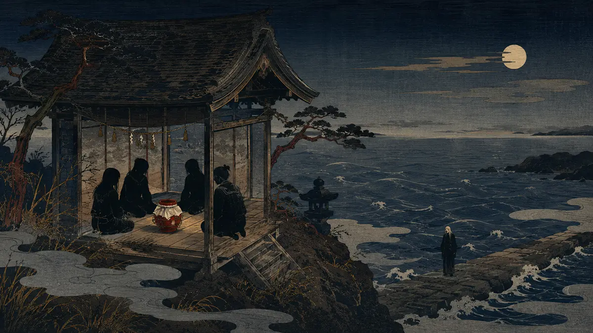嵐の夜の海と祠