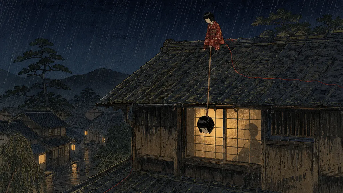 雨夜の村と不気味な人形
