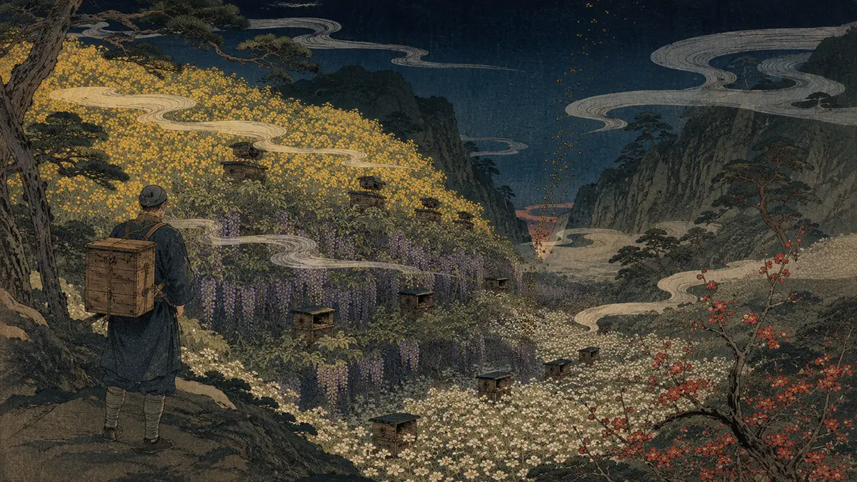 花の谷を望む旅人