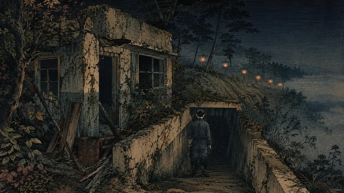 misty stairs and lanterns at night