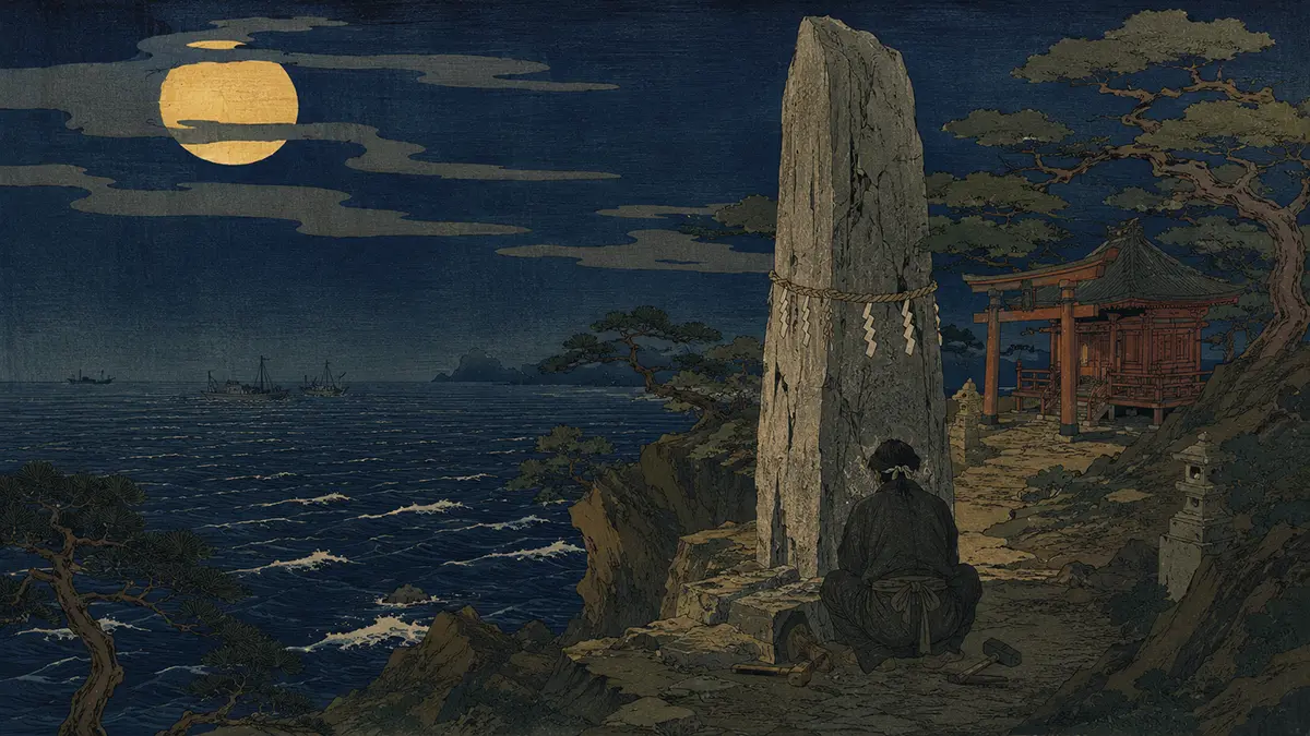 海岸の月夜と神社