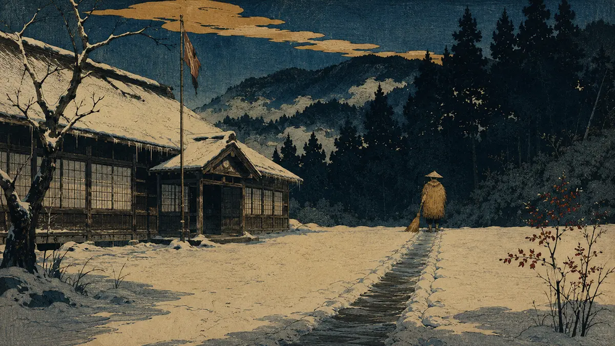 静かな雪の道と山間