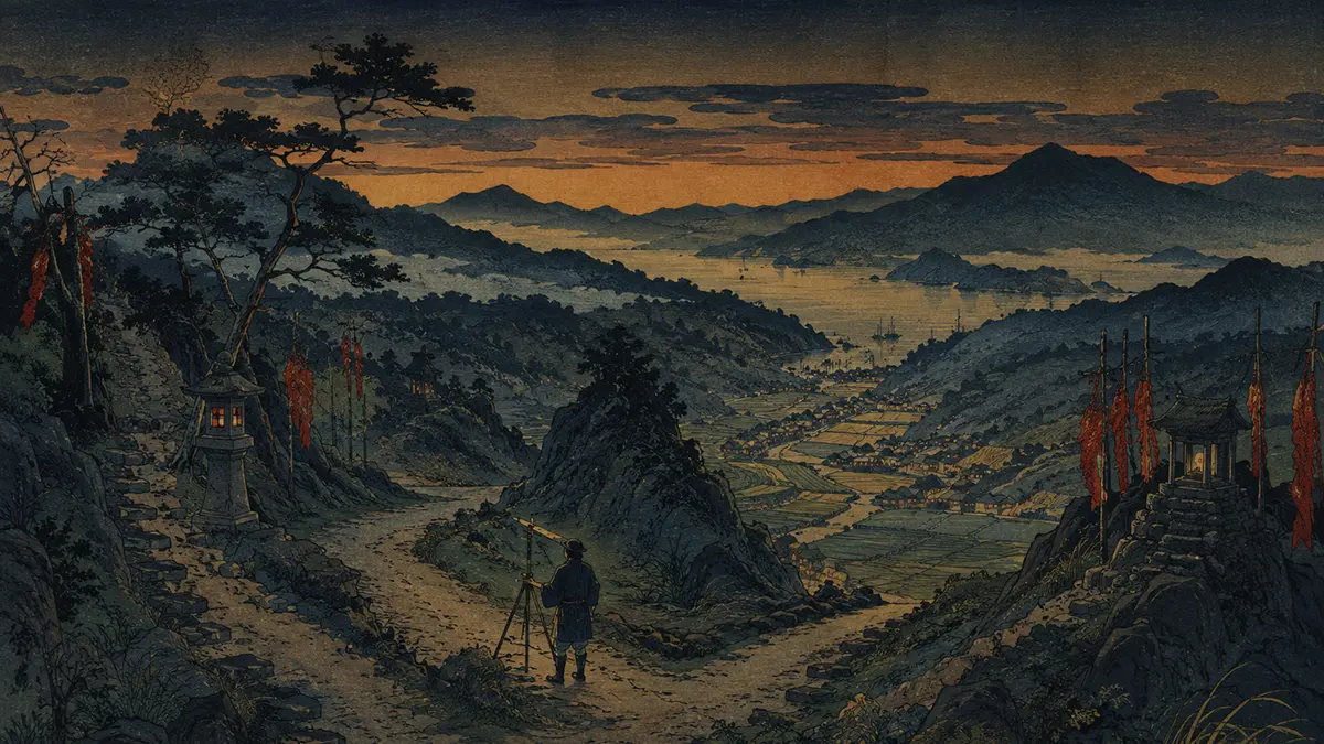 夕暮れの山間と海の風景