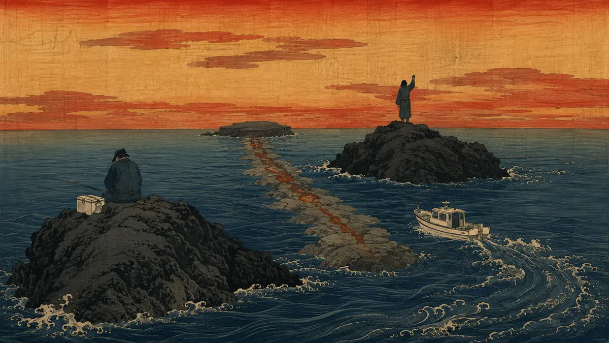 夕焼けの岩礁と孤独な釣り人