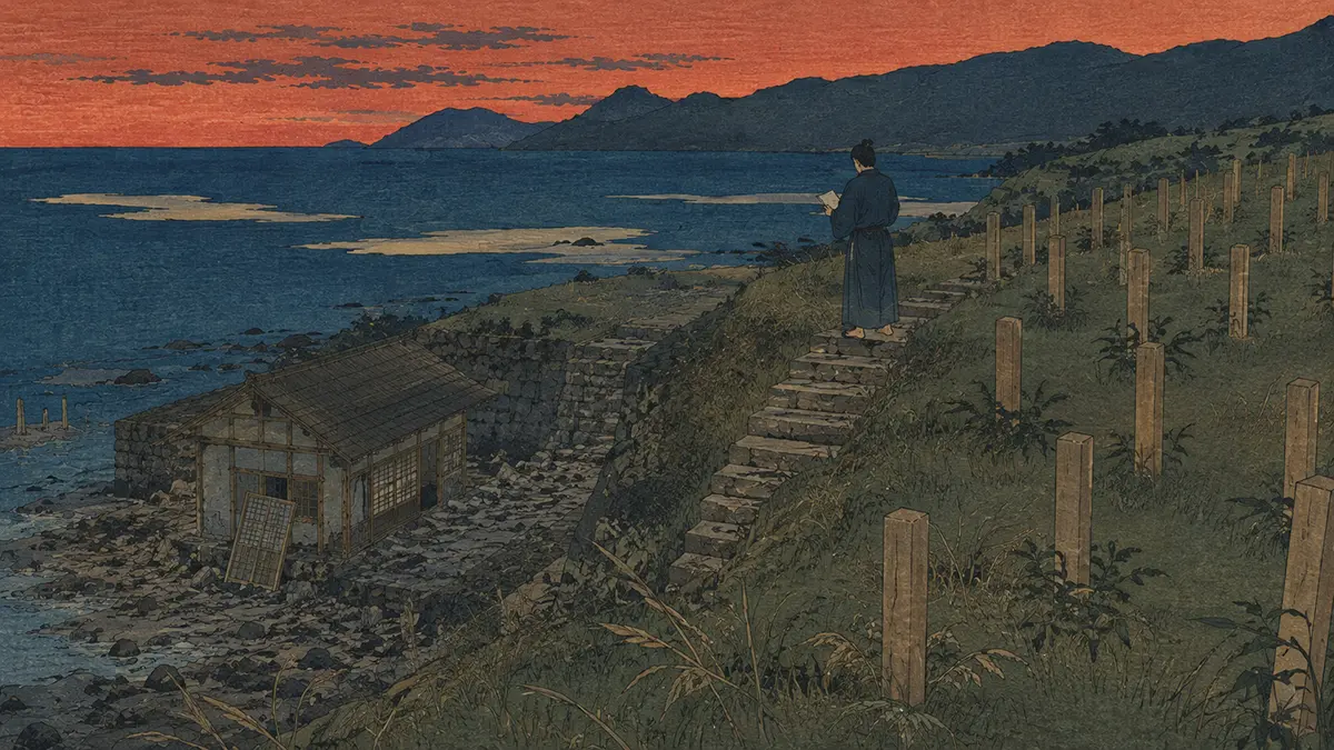 夕暮れの海を望む草原の石碑たち