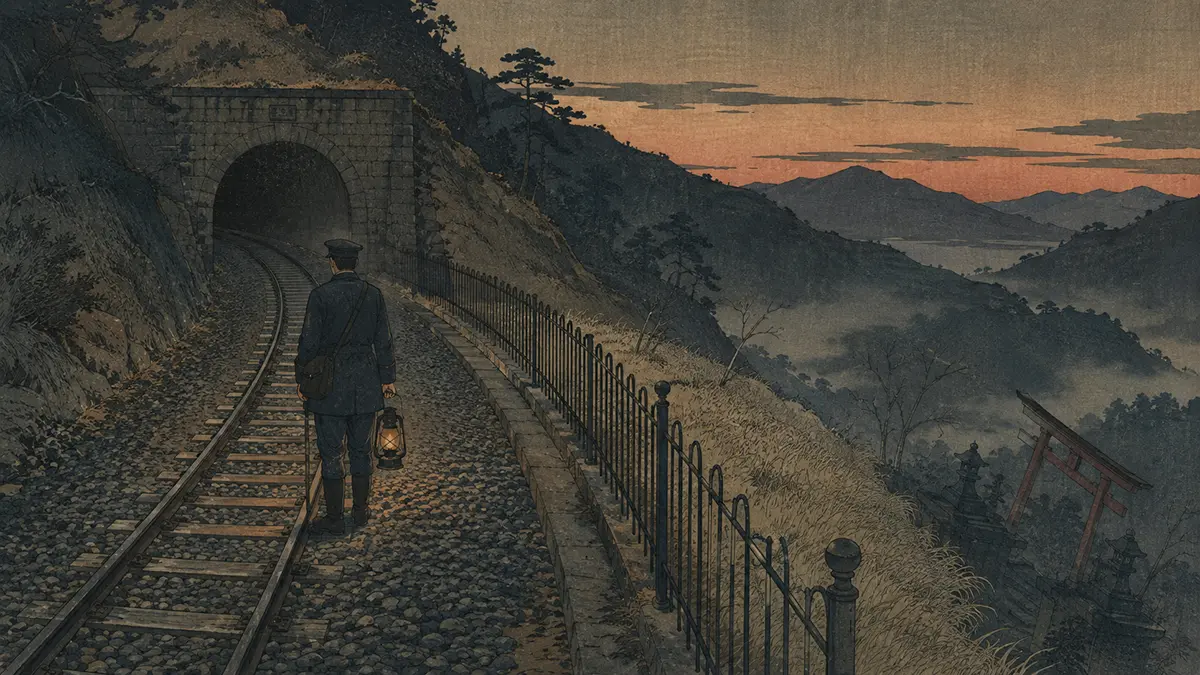 黄昏の山間を走る線路