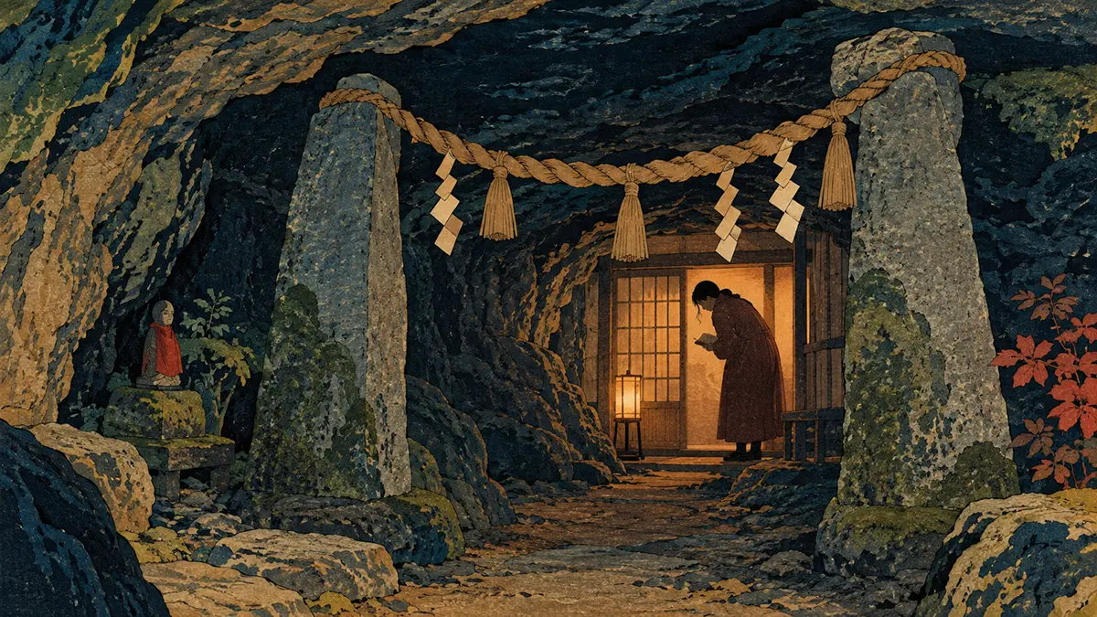洞窟神域の灯りと巫女