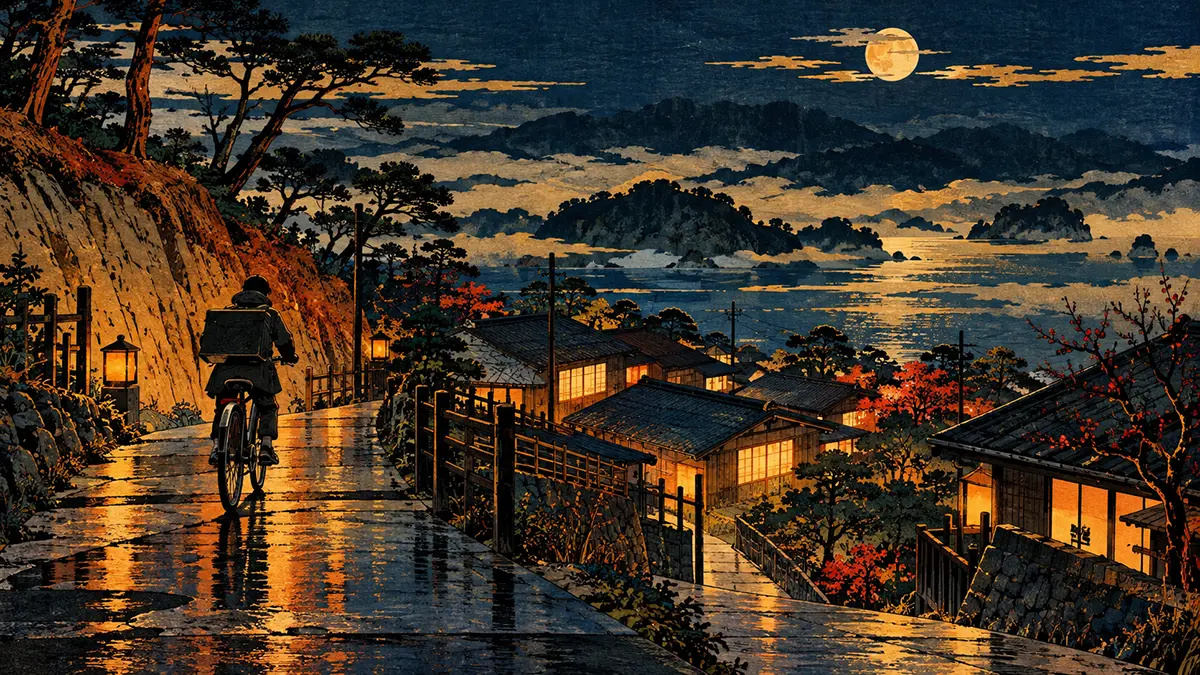 雨夜の月明かり、坂道の集落