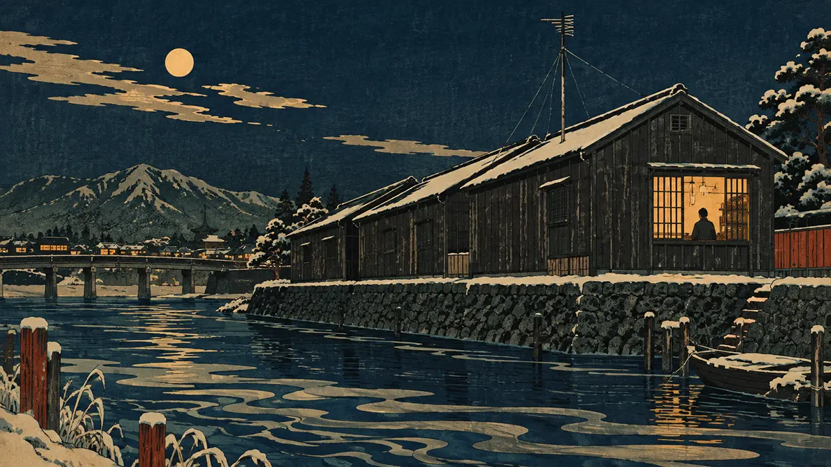 雪夜の川辺と灯る舟屋