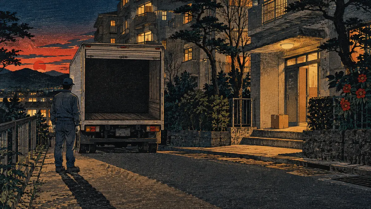 夕暮れの配達人と灯る街
