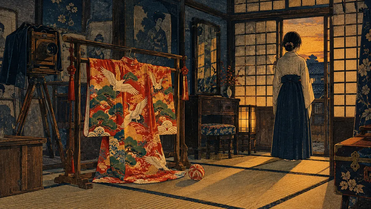 夕暮れの和室と花模様の着物