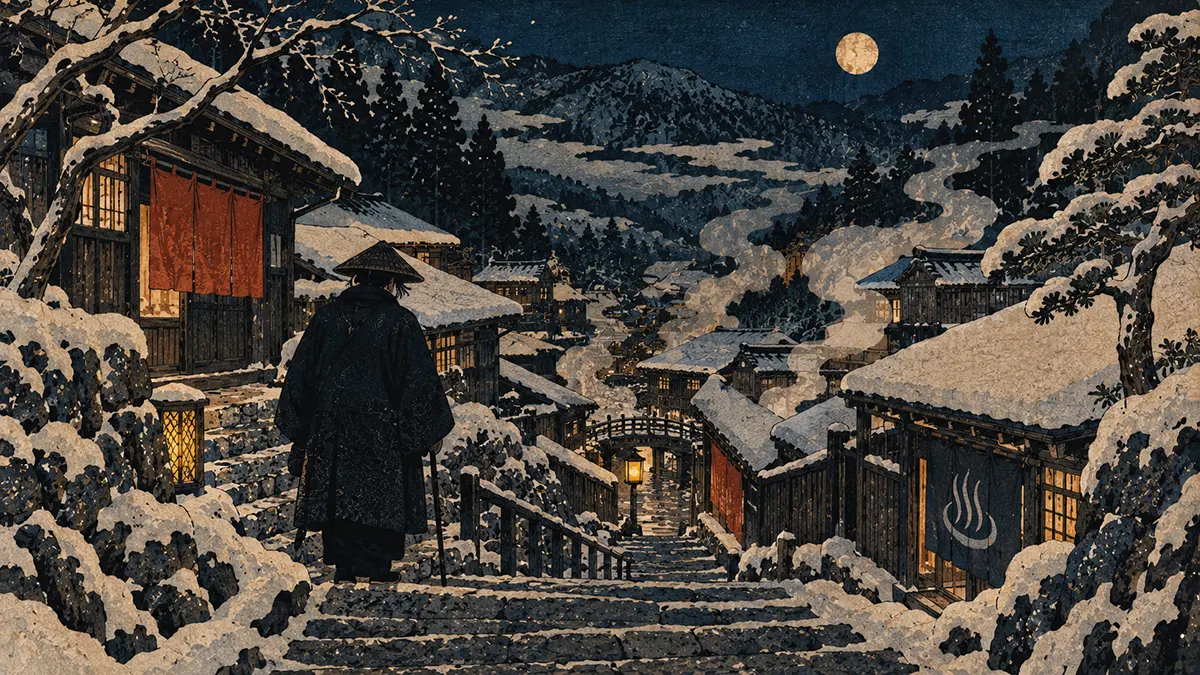 雪夜温泉街を見下ろす旅人