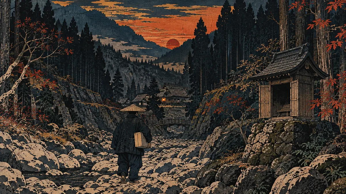 夕暮れの山里と旅人