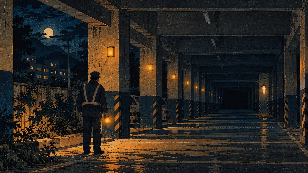 月夜の駐車場と守衛