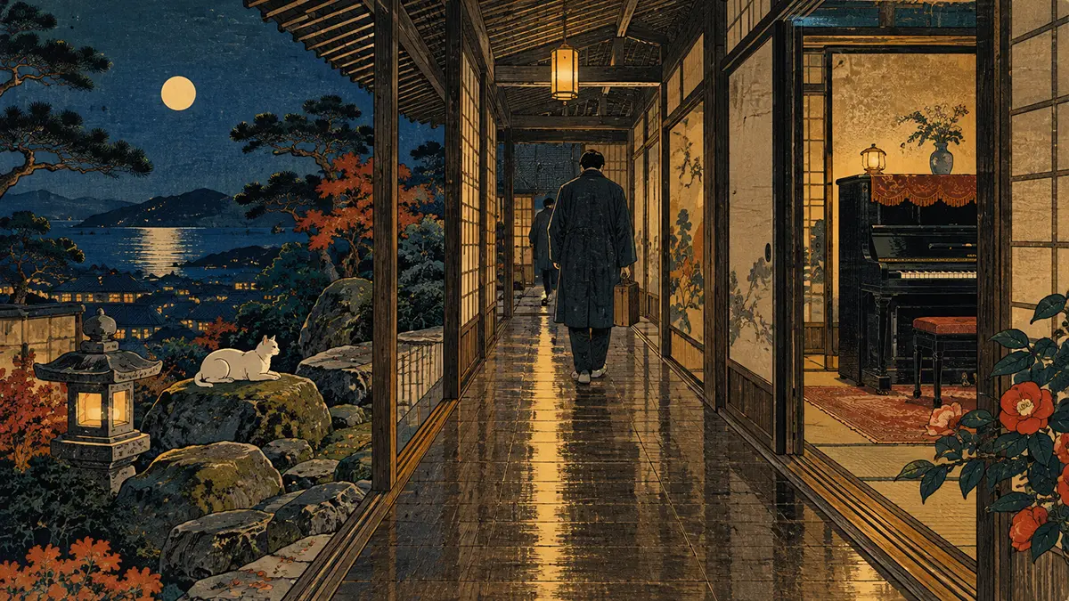 月夜の回廊と海辺の家