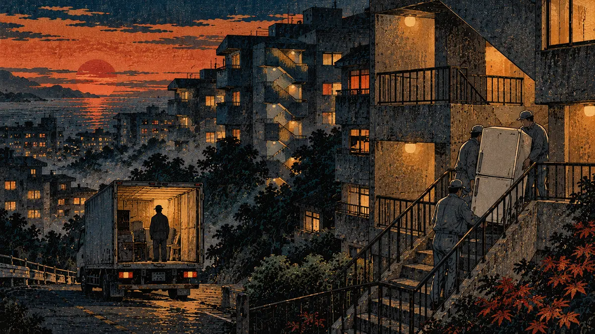 夕暮れの団地と引っ越し作業員