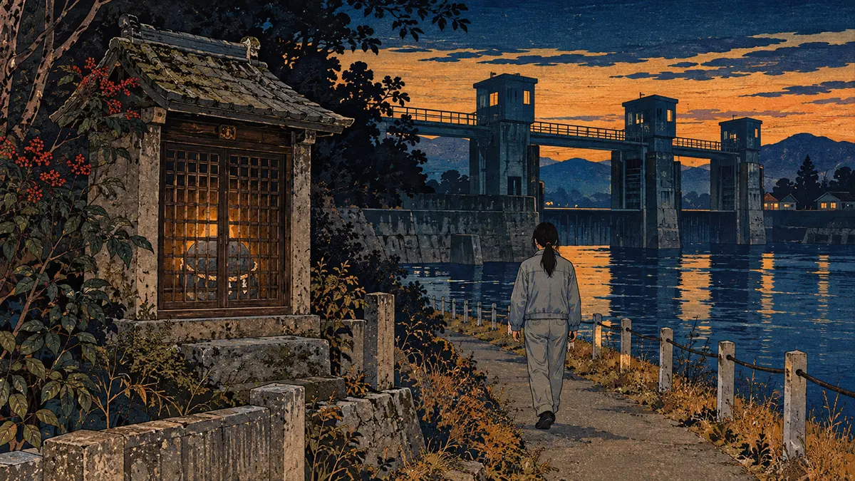 夕暮れの水門と小さな祠