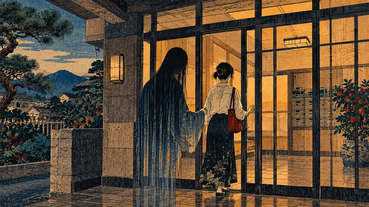 木版画風の幽玄な玄関と影の女
