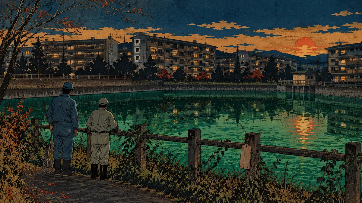 夕暮れの貯水池と二人の作業員