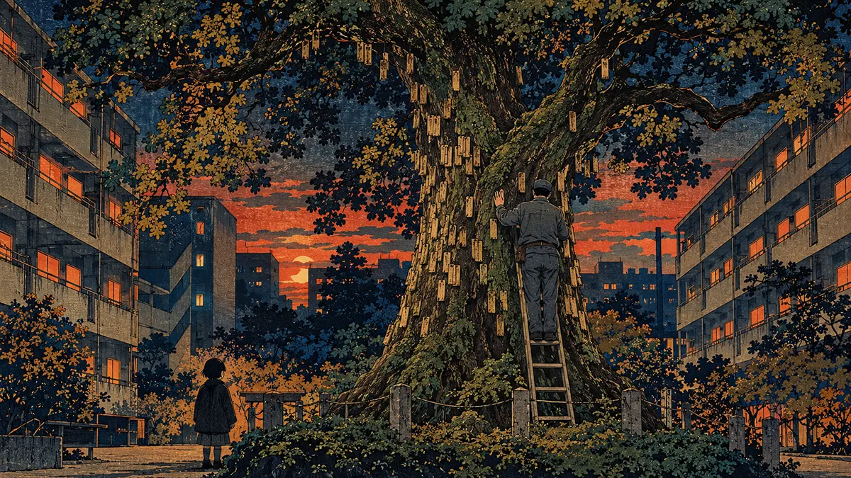 黄昏の団地と札掛けの古木