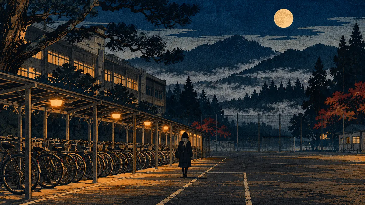 月夜の校庭と自転車置き場