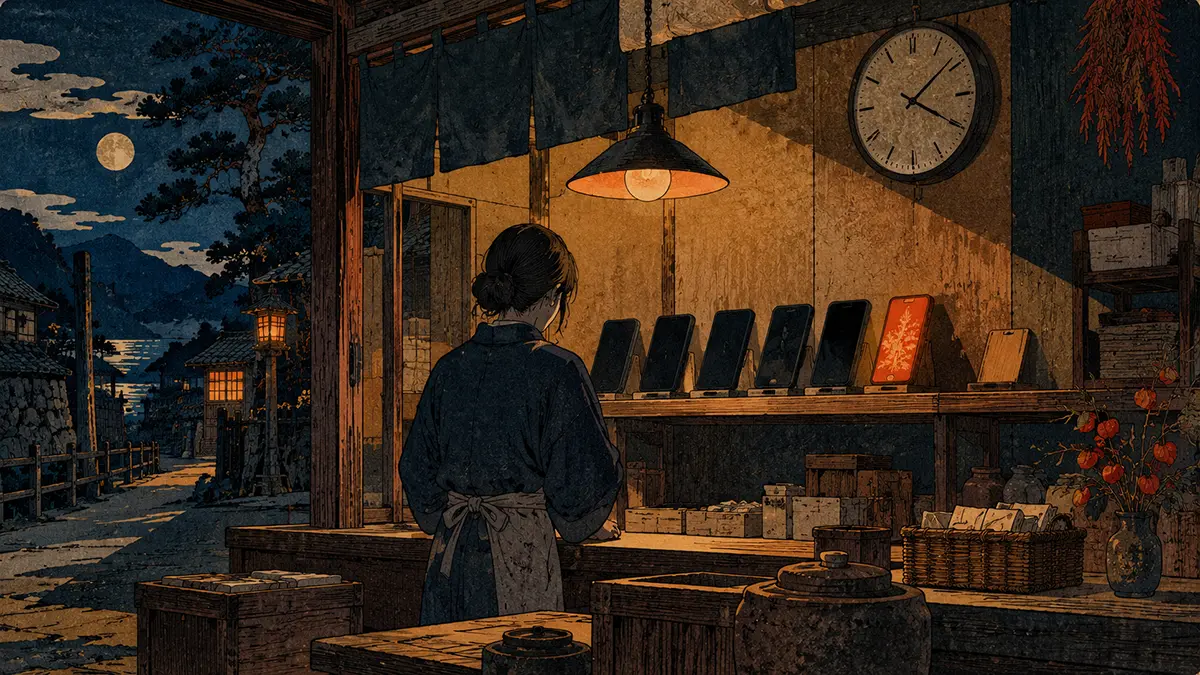 月夜の木版画商い小屋
