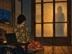 曇りガラスの人影が先に帰る
