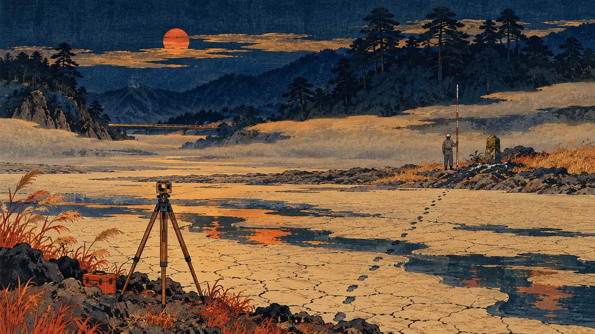 夕暮れの測量風景