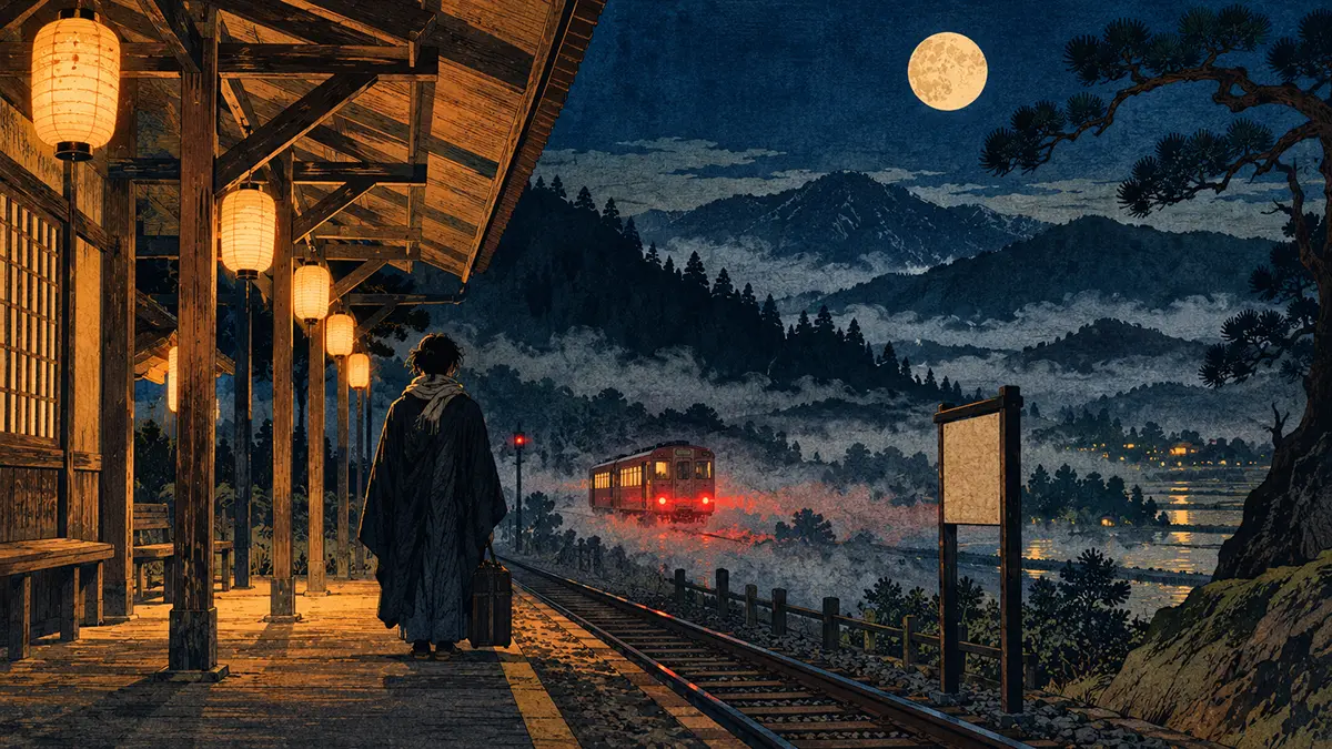 深い藍色の夜空と山霧に包まれた田舎の無人駅。木造ホームの軒下には黄土色の提灯が並び、後ろ姿の旅人が、朱色の尾灯を残して霧の彼方へ去っていく列車を見送っている。浮世絵風の木版画表現で描かれた、静寂と異界の気配が漂う夜の情景。