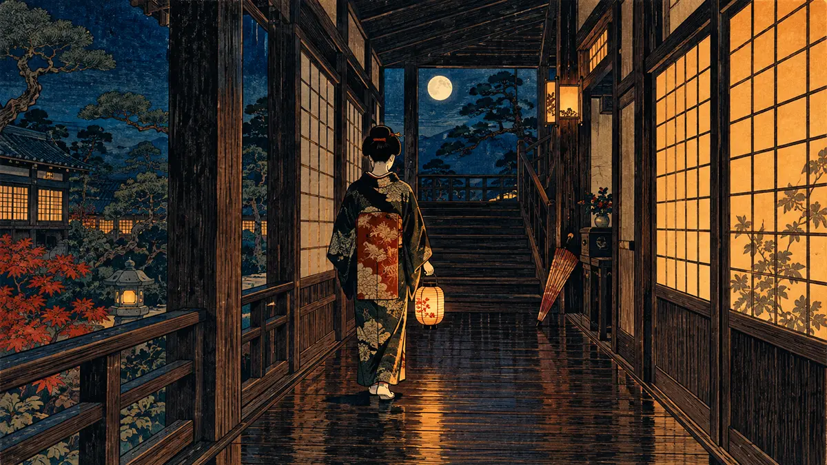 月夜の回廊と灯籠を持つ女性