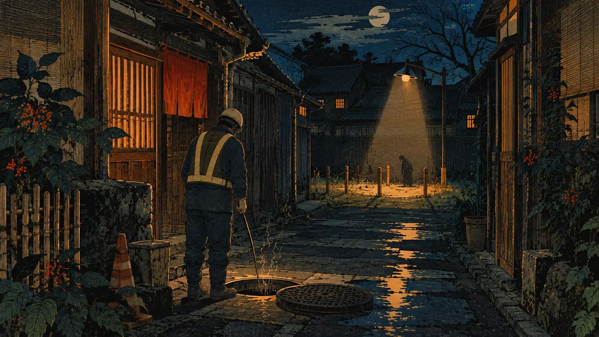 月夜の路地とマンホール作業員